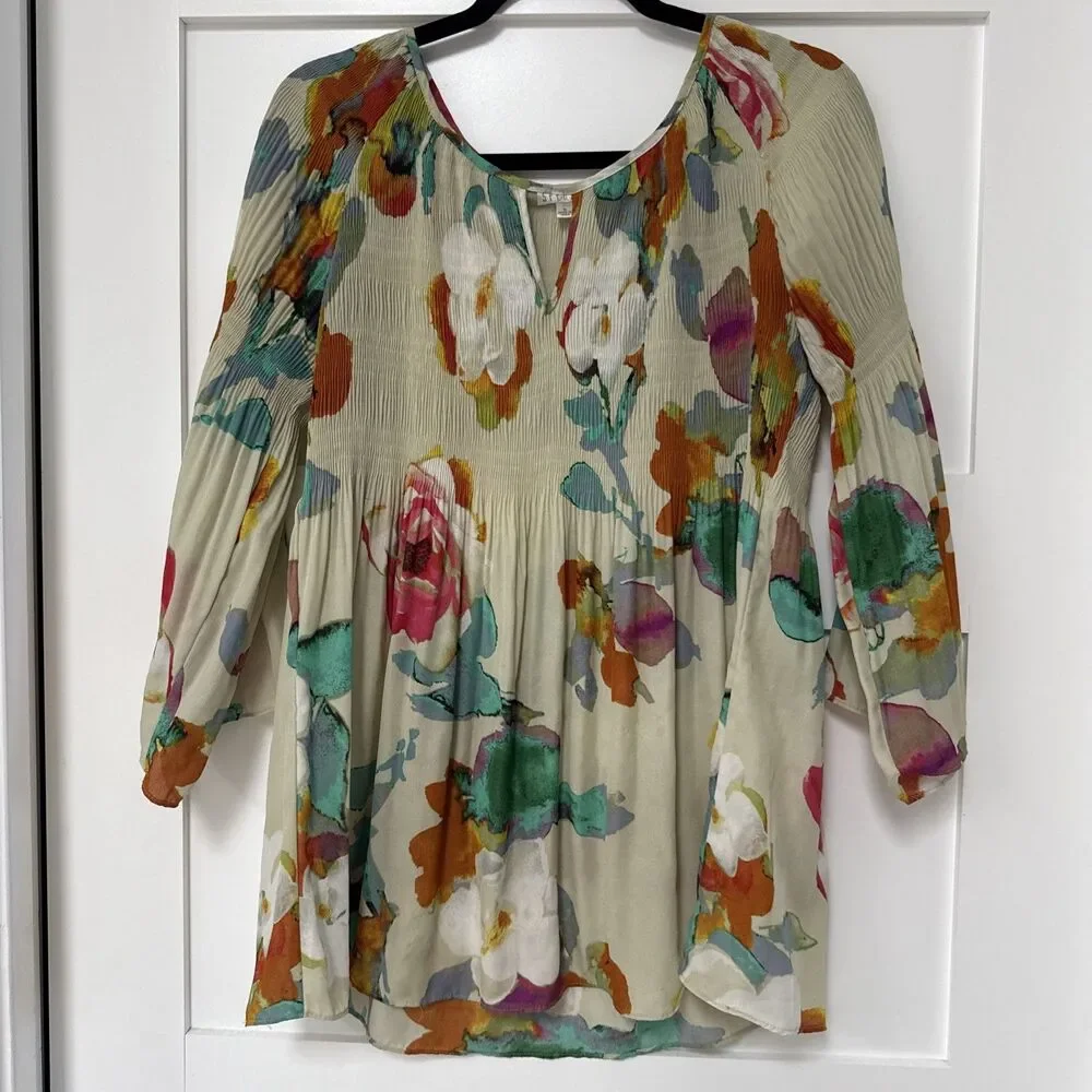 SPENSE Muted Floral Blouse - Blue Teal Pink - 3/4 Sleeves Ladies Med
